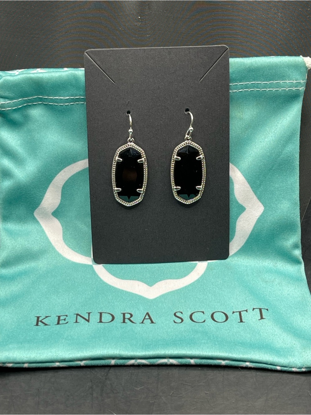 Elle Silver Drop Earrings in Black Opaque Glass 1.85"L X 0.73"W